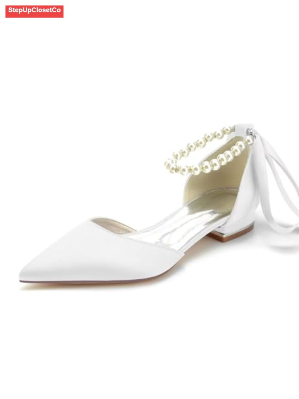 Satin Pointed Toe Pearl Ankle Strap Ballet Flats Wedding Shoes